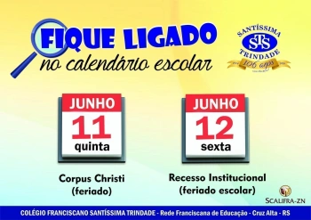 Não haverá aula nos dias 11 e 12/06