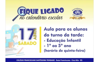 Sábado haverá aula - alunos turno da tarde