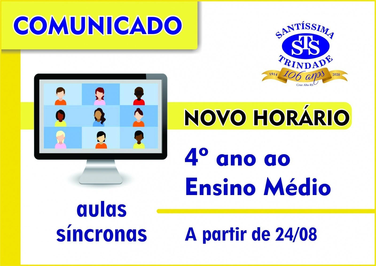 NOVO HORÁRIO DE AULAS SÍNCRONAS (AO VIVO) - 4º ano ao Ensino Médio