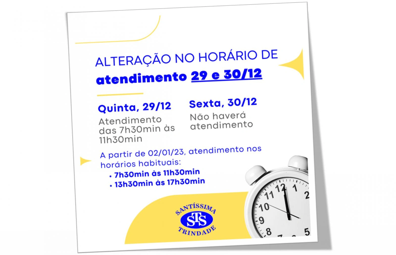 Alteração horários atendimento
