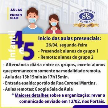 Aulas presenciais: Educação Infantil e 1º e 2º ano do EF